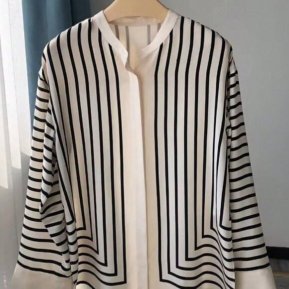 Multicolor Casual Women's Elegant Loose Fit Striped Blouse - Picture 5 of 5